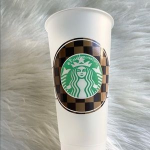 Brown checkered Starbucks cup